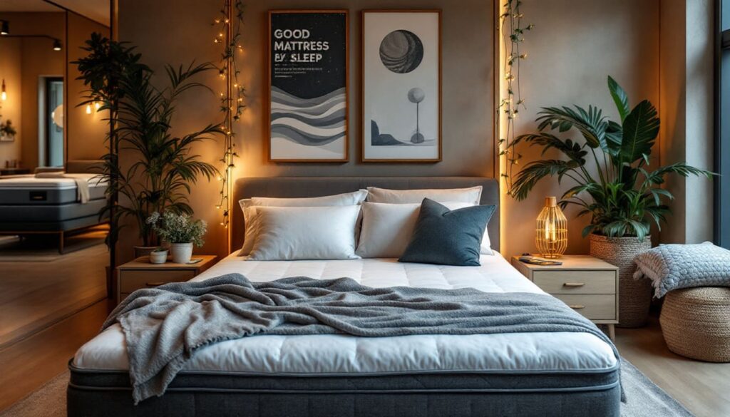habitacion principal con cama grande iluminacion suave y plantas decorativas