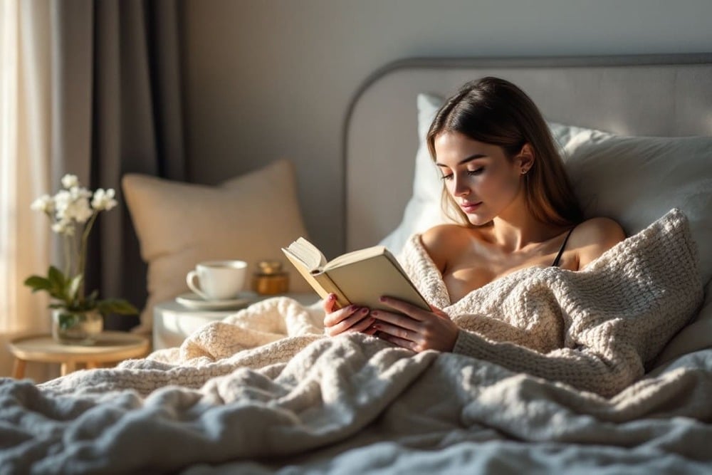 mujer leyendo en cama con manta y luz natural de manana