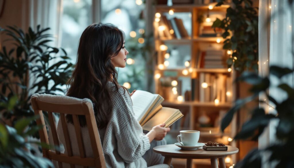 mujer leyendo libro en sillon cerca de ventana con luces calurosas