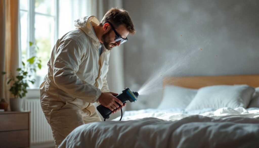 fumigador sanitizando habitacion tratamiento chinches