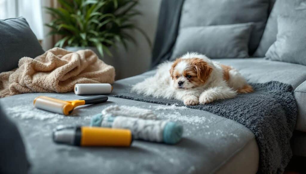 perro pequeno durmiendo en sofa con accesorios de cuidado pelo alrededor