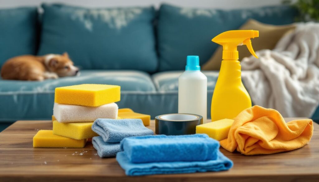 productos de limpieza esponjas y trapos en mesa con sofa y perro durmiendo al fondo