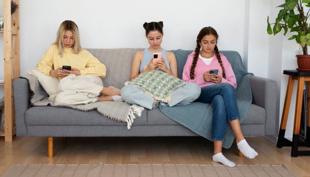 estudiantes sentadas en un sofa con el movil