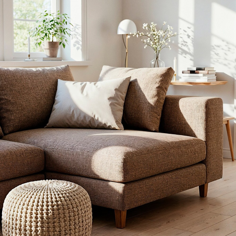 sofa marron en saloin decorado