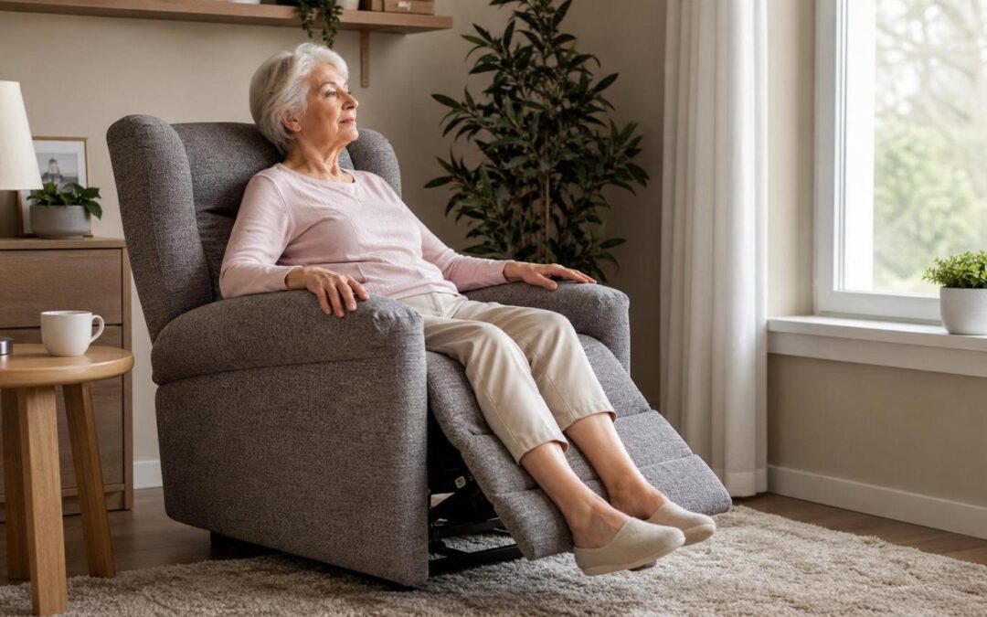 Elderly woman relaxing in a grey fabric power lift recliner chair with the footrest extended in a bright, modern living room.