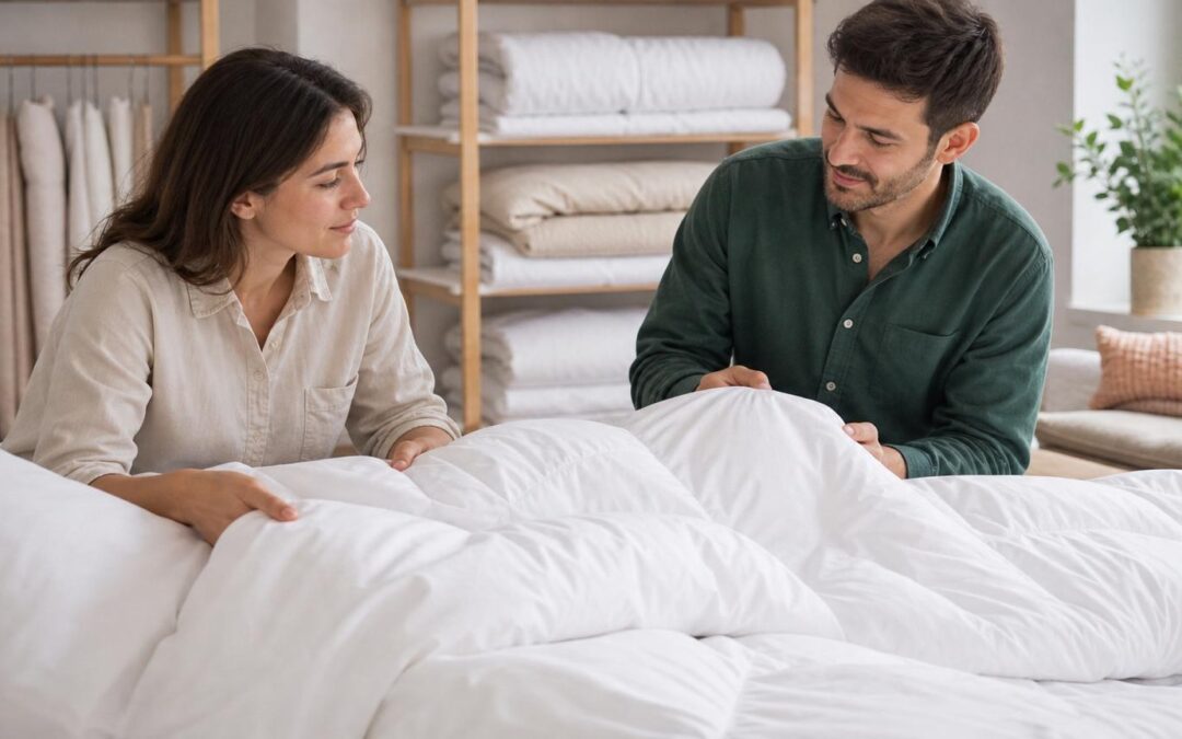 Couple examining a thick white duvet in a bright store with shelves of folded bedding in the background.