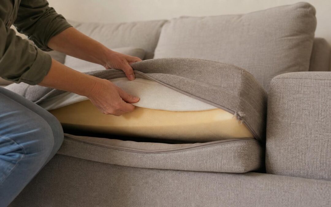 Hands opening a grey fabric sofa cushion cover to reveal the thick yellow foam padding inside.